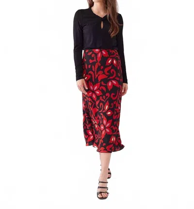 Karen Kane Bethany Bias Cut Midi Skirt In Red And Black Multi Print
