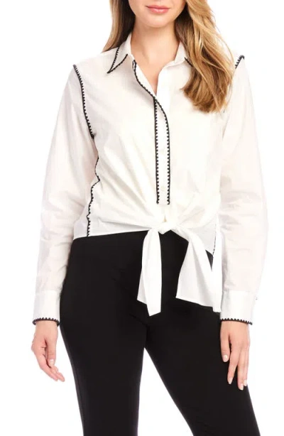 Karen Kane Blanket Stitch Tie Front Cotton Button-up Shirt In Off White