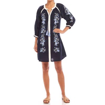 Karen Kane Blouson Sleeve Embroidered Peasant Dress In Navy In Blue