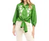 Karen Kane Blouson Sleeve Embroidered Tie-front Top In Green In Green