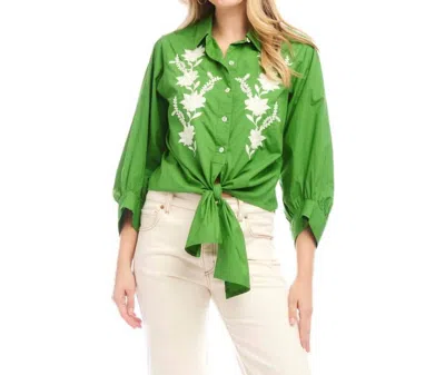 KAREN KANE BLOUSON SLEEVE EMBROIDERED TIE-FRONT TOP IN GREEN