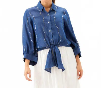 Karen Kane Blouson Sleeve Gemstone Denim Shirt In Chambray In Blue