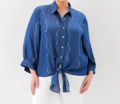 Karen Kane Blouson Sleeve Gemstone Denim Shirt - Plus In Chambray In Blue