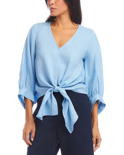 Karen Kane Blouson Sleeve Linen Tie Front Top In Lake