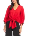 Karen Kane Blouson Sleeve Linen Tie Front Top In Cherry