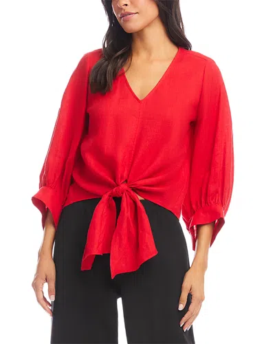 Karen Kane Blouson Sleeve Linen Tie Front Top In Cherry