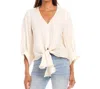 Karen Kane Blouson Sleeve Linen Tie-front Top In Ecru In White