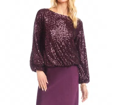 Karen Kane Blouson Sleeve Sequin Boatneck Top In Eggplant In Purple