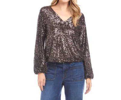 Karen Kane Blouson Sleeve Sequin V-neck Top In Brown In Multi