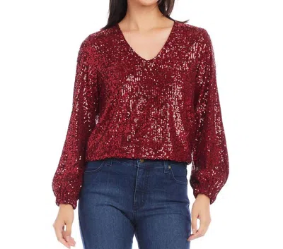 Karen Kane Blouson Sleeve Sequin V-neck Top In Ruby In Red