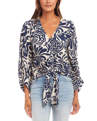 Karen Kane Blouson Sleeve Tie Front Top In Blue Print