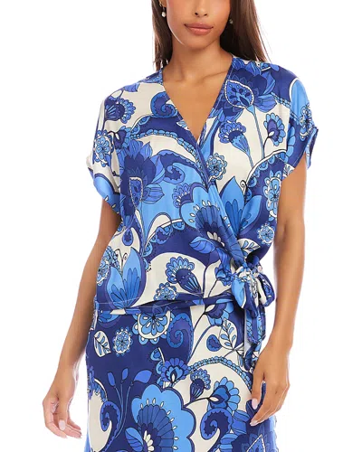 Karen Kane Blouson Side Tie Satin Wrap Top In Blue