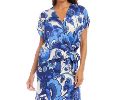 Karen Kane Blouson Wrap Tie Top In Print Blue In Multi