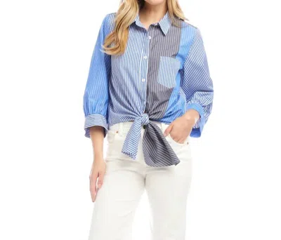 Karen Kane Bo Blouson Sleeve Mixed Stripe Tie-front Top In Blue