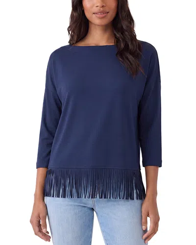 Karen Kane Boat Neck Fringe Trim Top In Blue