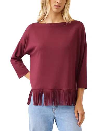 Karen Kane Boatneck Three Quarter Sleeve Fringe Hem Top In Burgundy