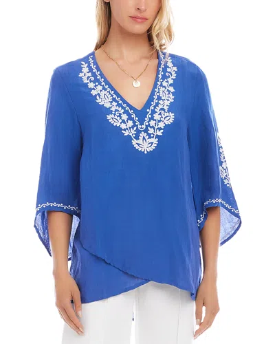 Karen Kane Bracelet Sleeve Embroidered Asymmetric Top In Blue