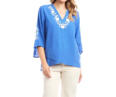 KAREN KANE BRACELET SLEEVE EMBROIDERED ASYMMETRIC TOP IN CORNFLOWER BLUE