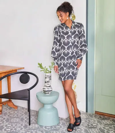 Karen Kane Bryce Blouson Sleeve Linen Mini Shirtdress In Black Print On Cream In Gray