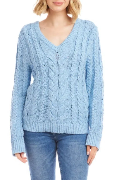Karen Kane Cable Stitch V-neck Cotton Sweater In Blue