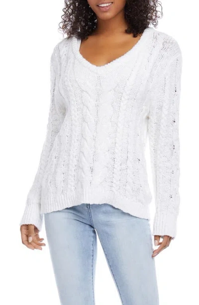 Karen Kane Cable Stitch V-neck Cotton Sweater In Off White