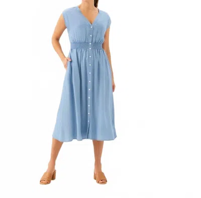 Karen Kane Cap Sleeve Smocked Waist Button-up Midi Dress In Chambray In Blue