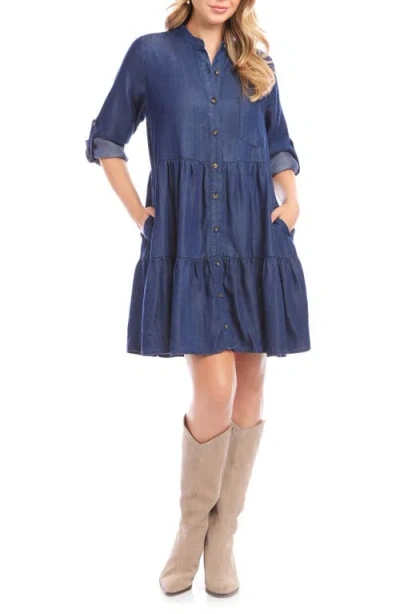 Karen Kane Chambray Long Sleeve Tiered Shirtdress In Blue