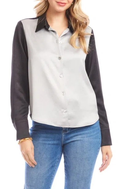 Karen Kane Colorblock Satin Button-up Shirt In White