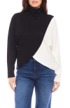 Karen Kane Colorblock Turtleneck Crossover Hem Knit Top In Black With Ivory