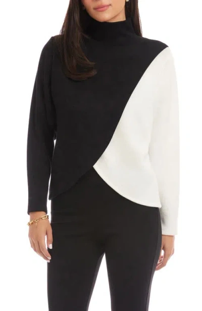 Karen Kane Colorblock Turtleneck Crossover Hem Knit Top In Black