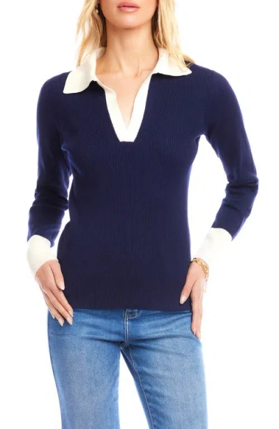Karen Kane Contrast Rib Polo Sweater In Blue