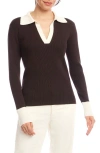 Karen Kane Contrast Rib Polo Sweater In Brown