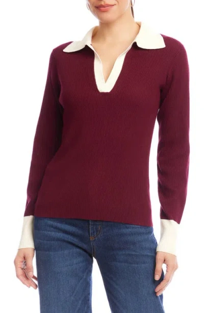 Karen Kane Contrast Rib Polo Sweater In Burgundy
