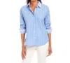 Karen Kane Stripe Ruched Sleeve Button-up Shirt In Blue