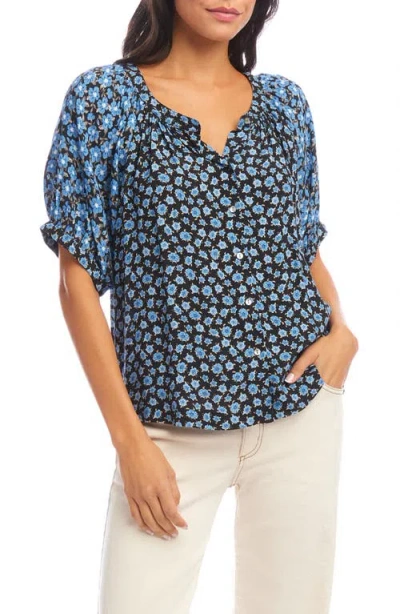Karen Kane Contrast Short Sleeve Button-up Peasant Top In Animal Print