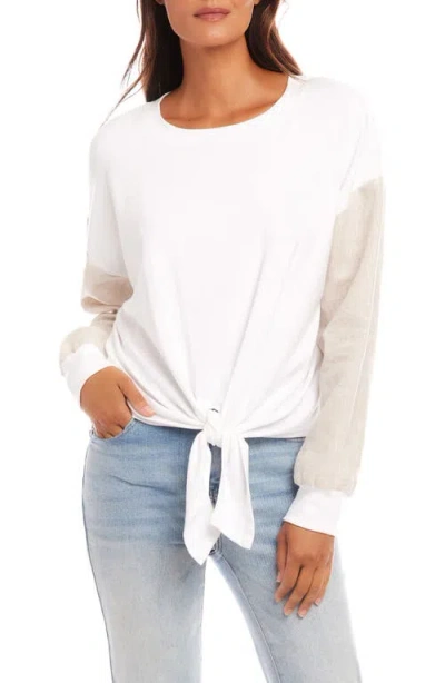 Karen Kane Contrast Sleeve Tie Front Knit Top In White