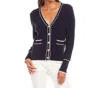 Karen Kane Contrast Trim Cardigan Sweater In Navy With Off White In Multi