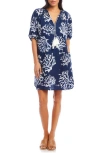 Karen Kane Coral Print Tassel Cotton Dress In Navy