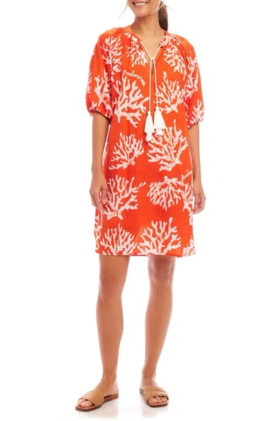 Karen Kane Coral Print Tassel Cotton Dress In Orange