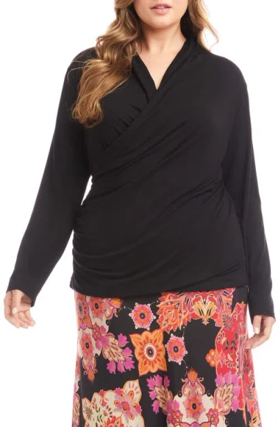 Karen Kane Plus Long Sleeve Crossover Side Shirred Top In Black