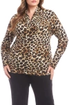 Karen Kane Plus Long Sleeve Printed Crossover Side Shirred Top In Brown