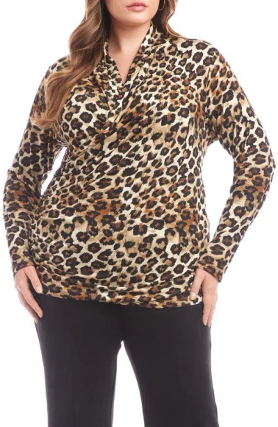 Karen Kane Plus Long Sleeve Printed Crossover Side Shirred Top In Animal Print