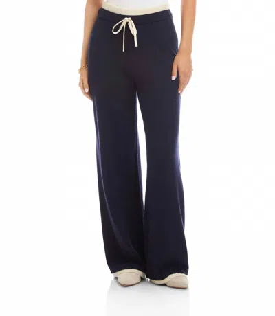 Karen Kane Cyan Contrast Drawstring Wide-leg Sweater Pants In Navy And Cream In Multi