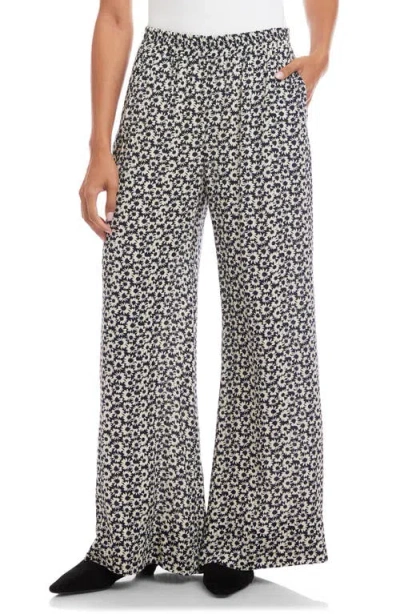Karen Kane Daisy Print High Waist Wide Leg Crepe Pull-on Pants In Black