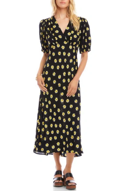 Karen Kane Daisy Print Puff Sleeve Midi Dress In Black