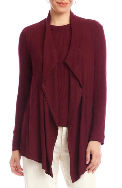 Karen Kane Long Sleeve Ribbed Drape Front Cardigan In Wine In Brown