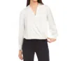 Karen Kane Surplice Drape Front Satin Top In White