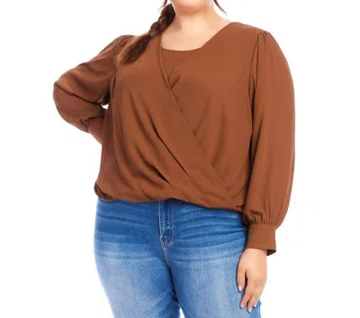 Karen Kane Surplice Drape Front Crepe Top In Cognac