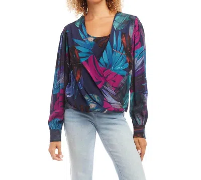 Karen Kane Drape Front Top In Midnight Garden Crepe In Blue
