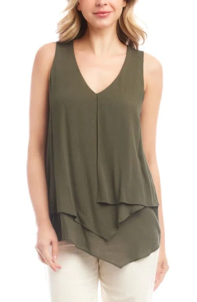 Karen Kane Drape Layered Asymmetric Gauze Tank In Olive